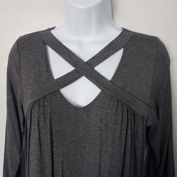 Noble U NWOT Small Charcoal Grey Long Sleeve Dress Keyhole Neck Strappy Top - Picture 2 of 7